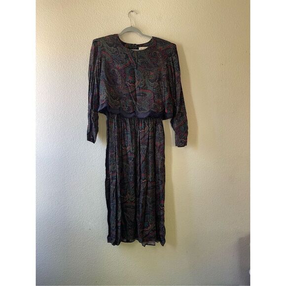 Vintage Kathie Lee paisley print long sleeve‎ midi dress size 12 - Picture 1 of 6